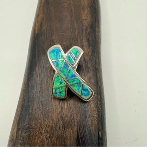 Sterling Silver Signed Opal Inlay Ribbon Silver Pendant "AK Blue Green Geometric